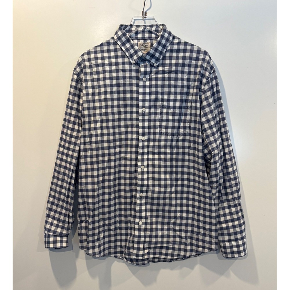 LL Bean Mens XL Traditional Fit Gingham Button Down‎ Shirt Navy White
